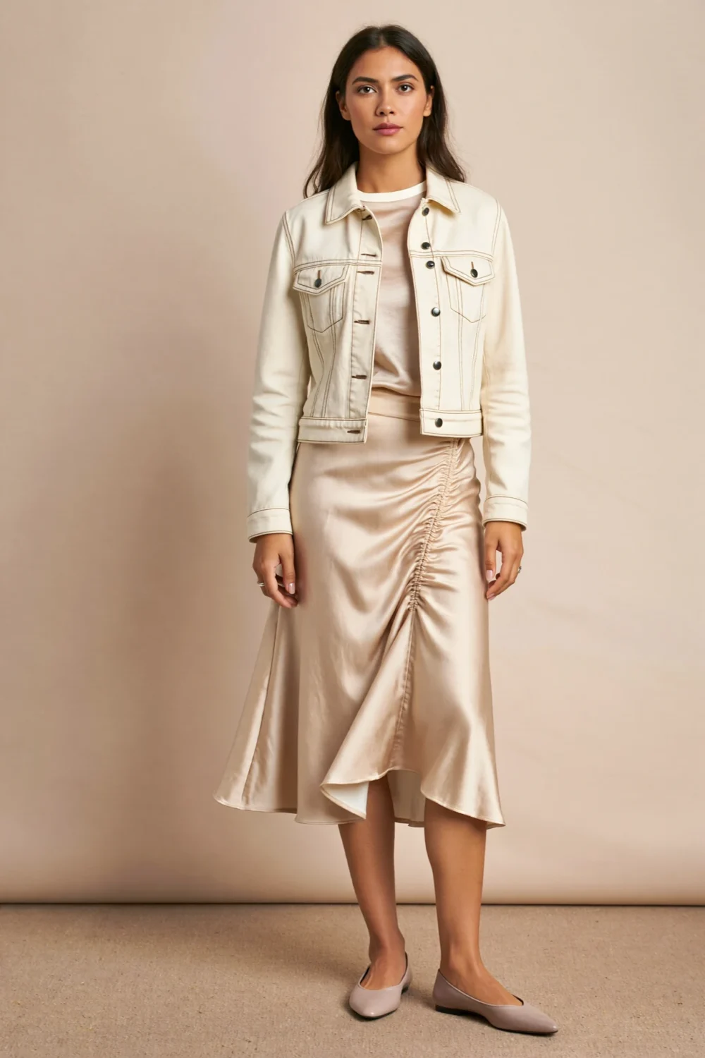 Woman in an ivory cropped jacket and silky tee with champagne A-line midi skirt and pointed flats for polished reunion style