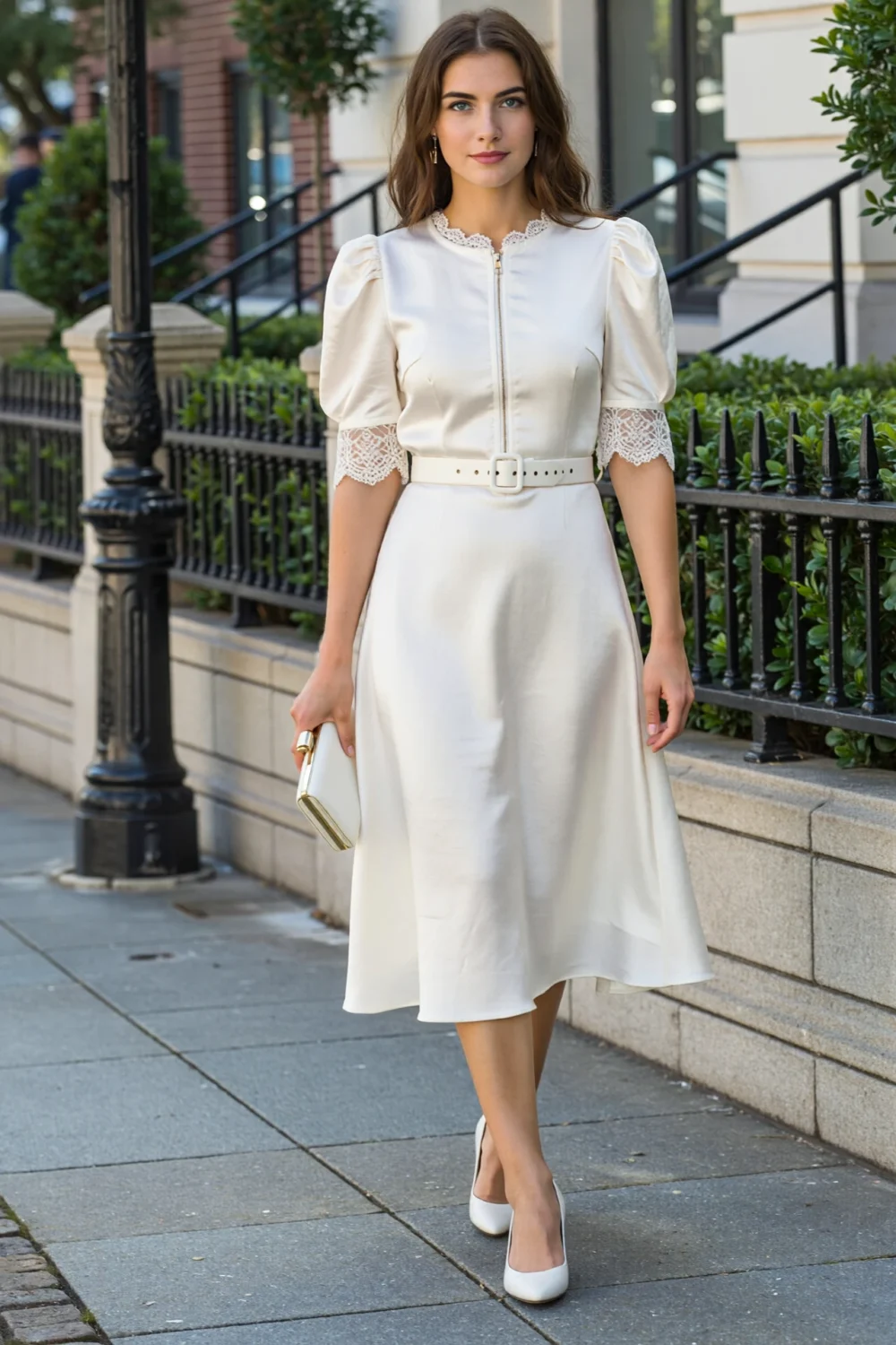 Elegant A-line midi dress with puffed sleeves and lace trim, styled for a romantic ceremony-ready bridal look on a city sidewalk