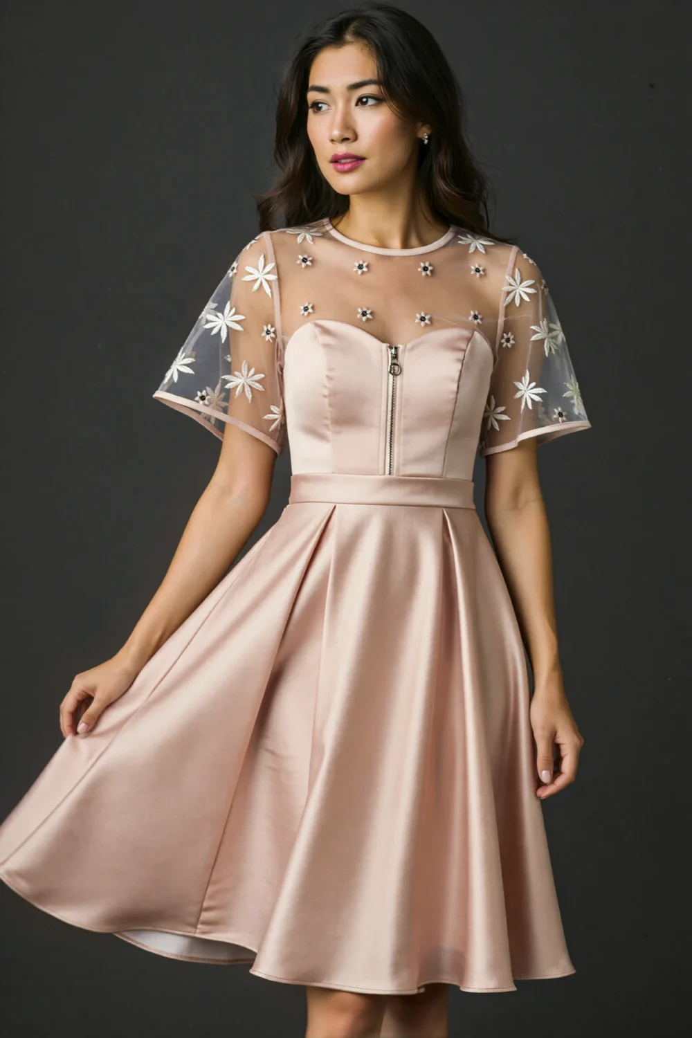 A-line fit-and-flare midi dress with flutter sleeves, sheer floral overlay, and twirl-ready satin skirt in soft blush pink
