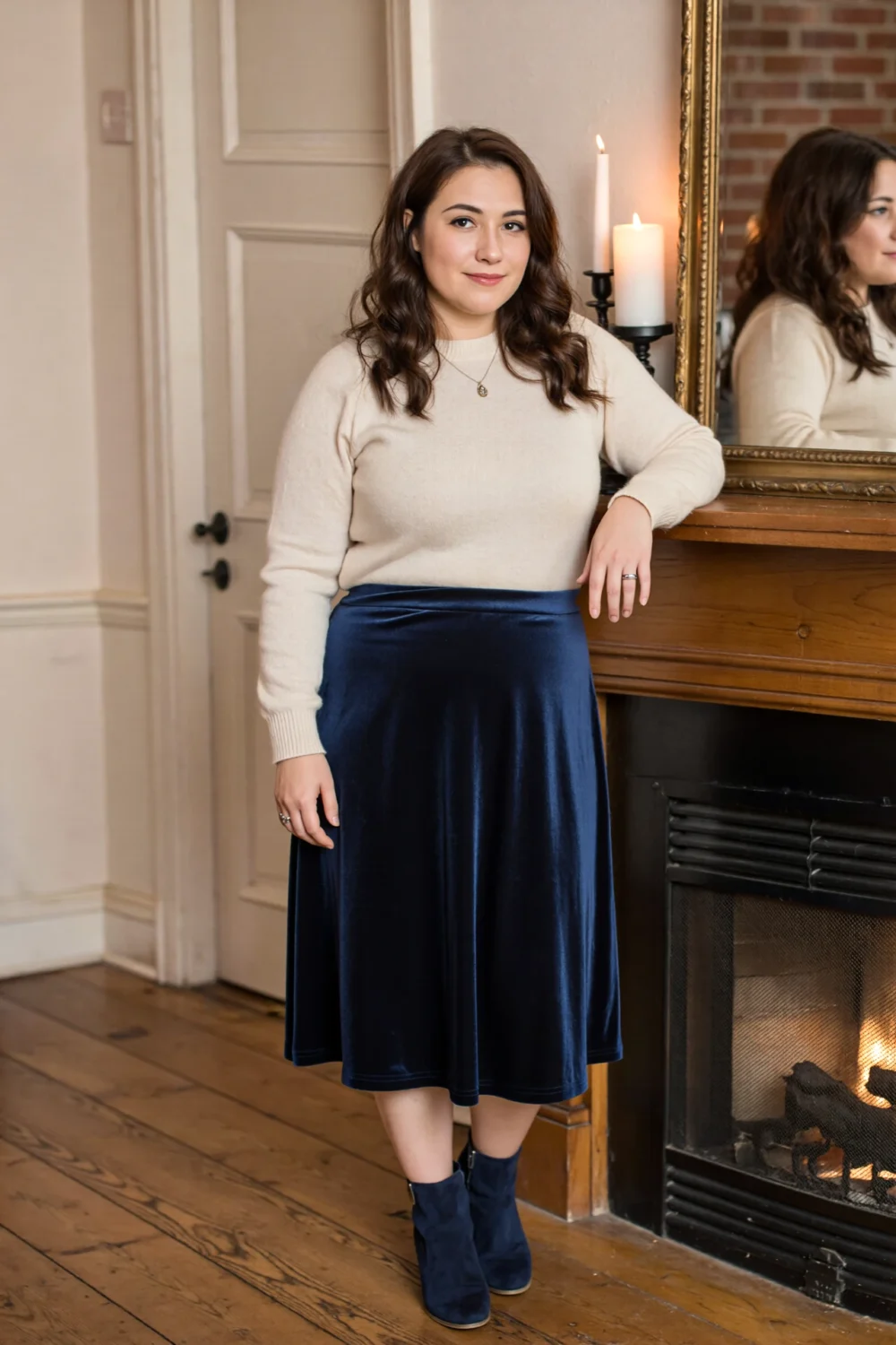 Model wearing cream cashmere sweater and navy A-line velvet midi skirt beside a lit fireplace, plush textures, rich seasonal look