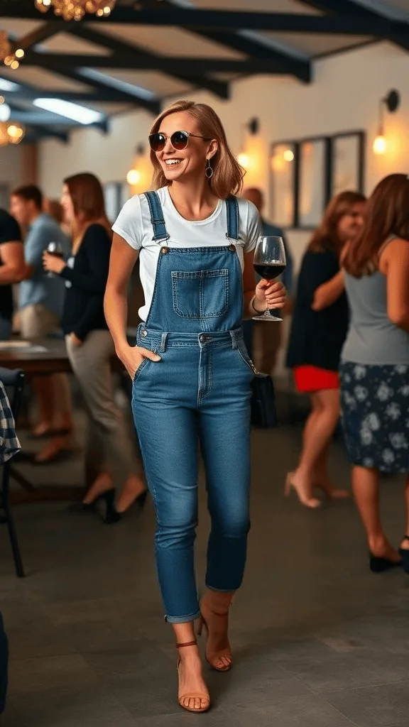 A woman wearing denim overalls with a fitted top holding a glass of wine smiling in a social setting