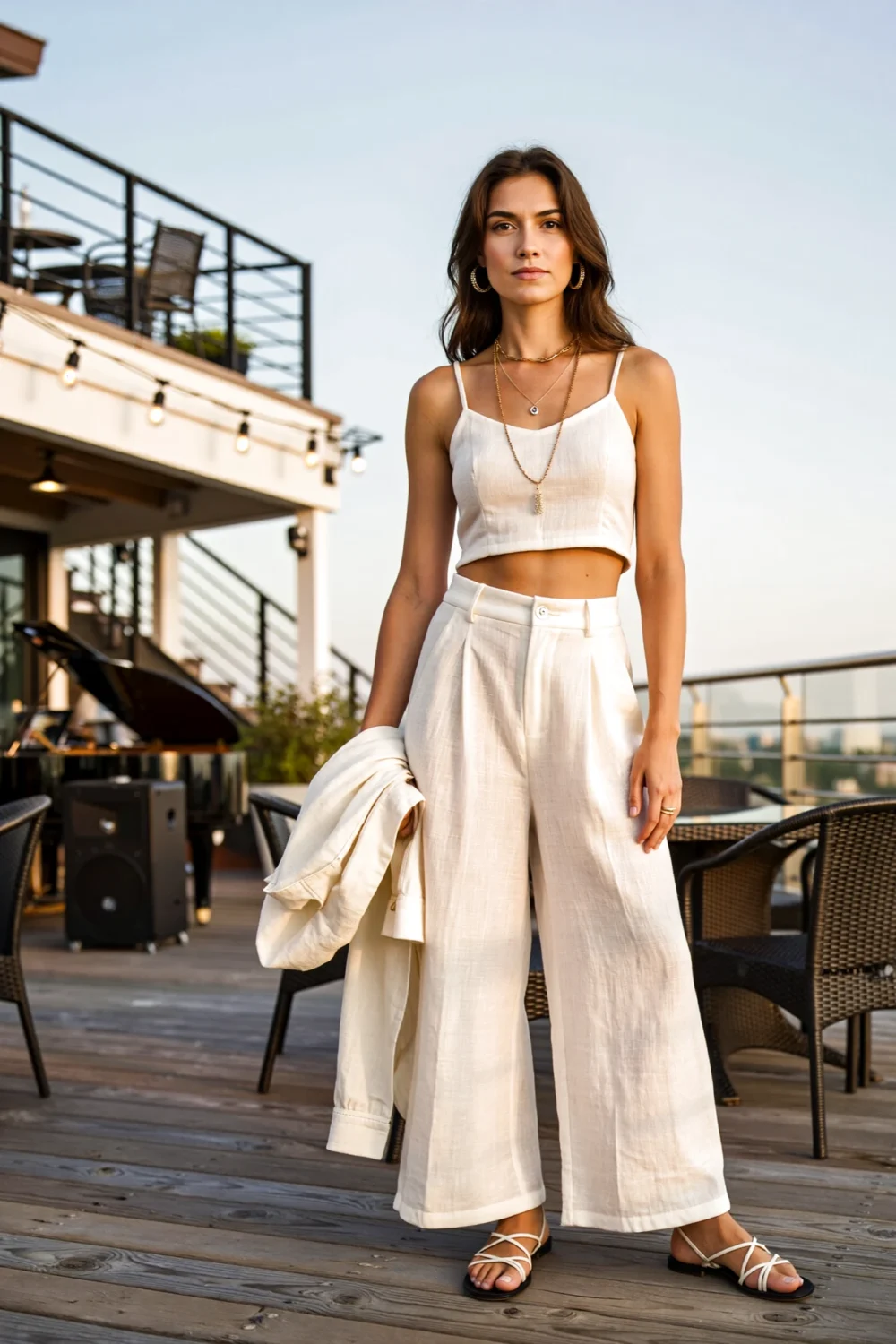 Woman in airy co-ord set with cropped top and wide-leg trousers, layered necklaces, and sandals on a rooftop deck at dusk