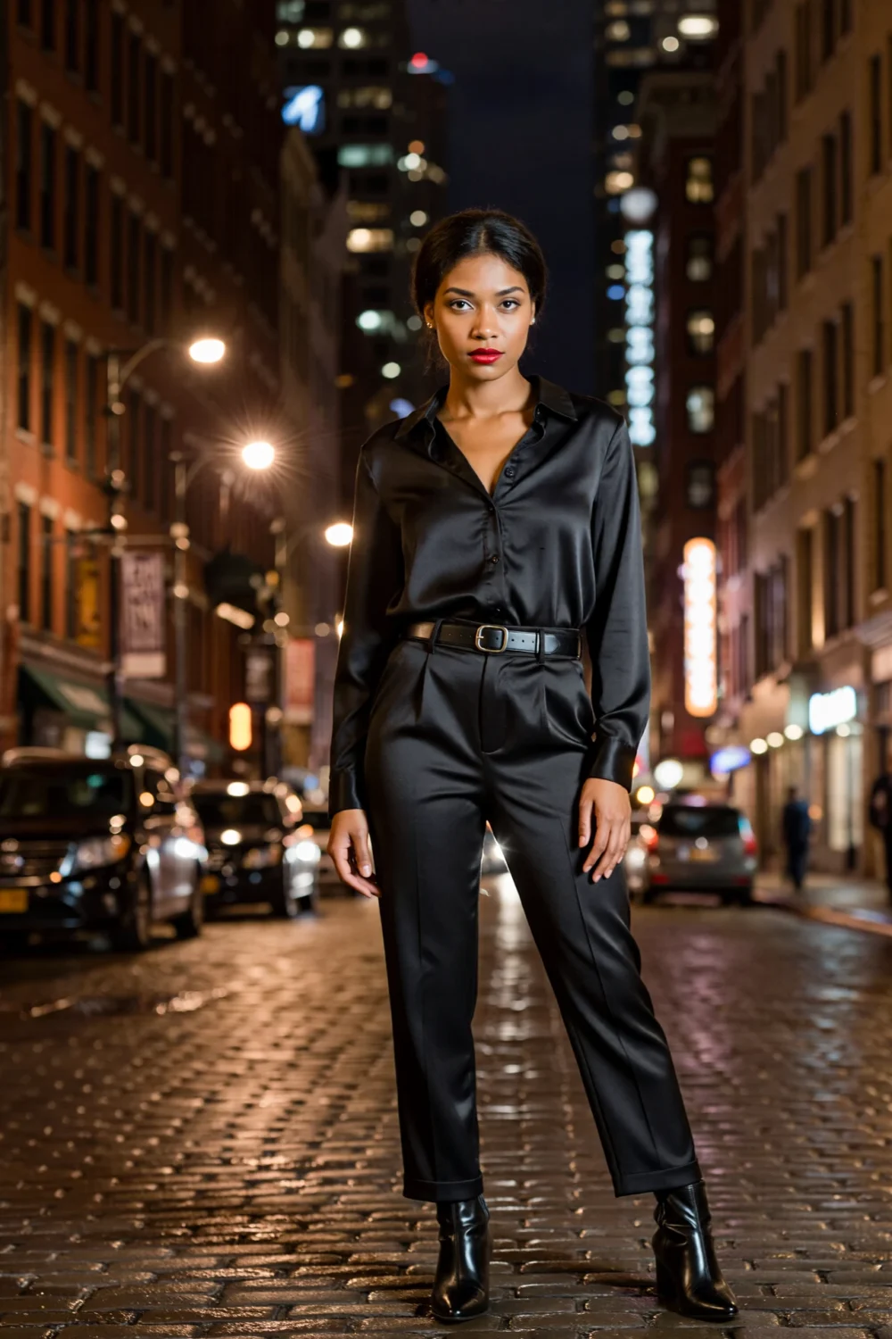 Woman in an all-black satin blouse and trousers with a sleek belt and heeled boots, bold red lip and long, lean city silhouette
