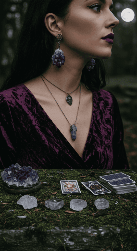 Woman wearing amethyst cluster earrings with raw lavender quartz point pendant