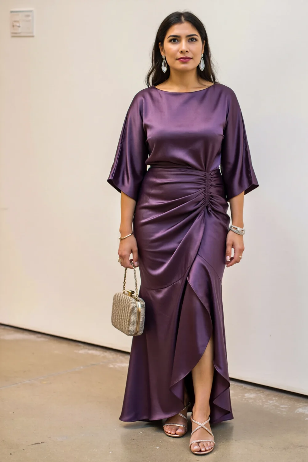 Floor-length amethyst crepe gown with boat neckline, draped sleeves, side-knot pleats, tulip wrap skirt, and metallic sandals, minaudière
