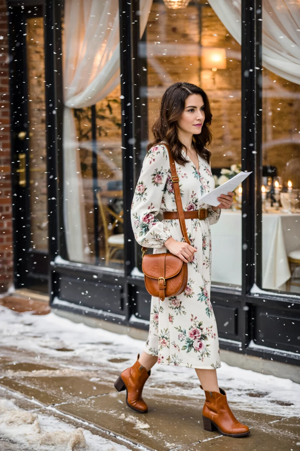 Woman in floral midi dress and brown ankle boots walking in snow by a cafe window, holding papers and a matching crossbody bag