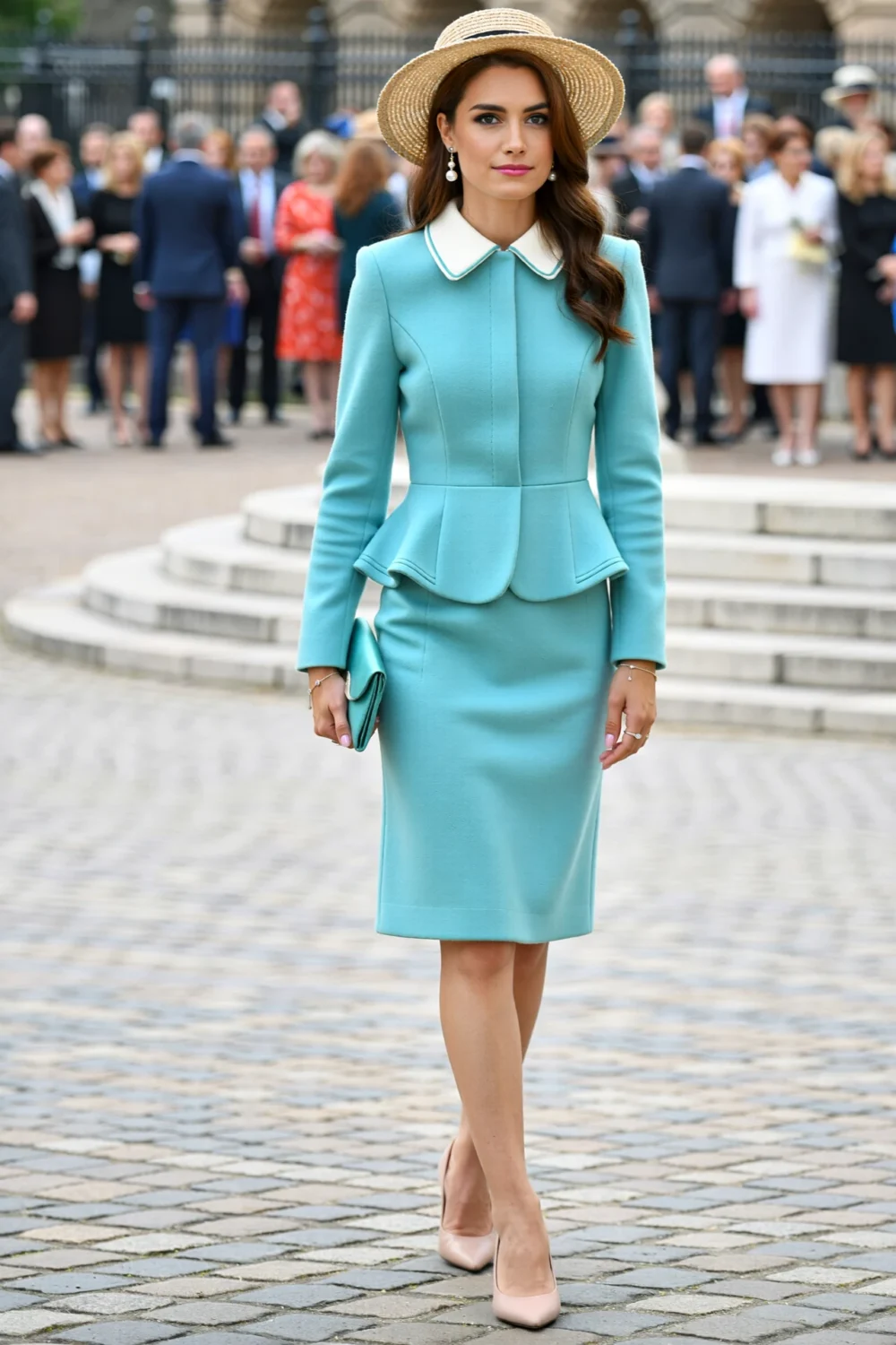 Woman in aqua collared coat dress with white trim and straw hat, tailored for a spring occasion outdoors, elegant and structured