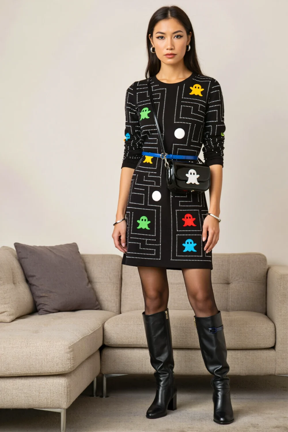 Black shift dress with retro maze graphics and colorful ghosts, styled with blue belt, black crossbody bag, tights, and knee-high boots