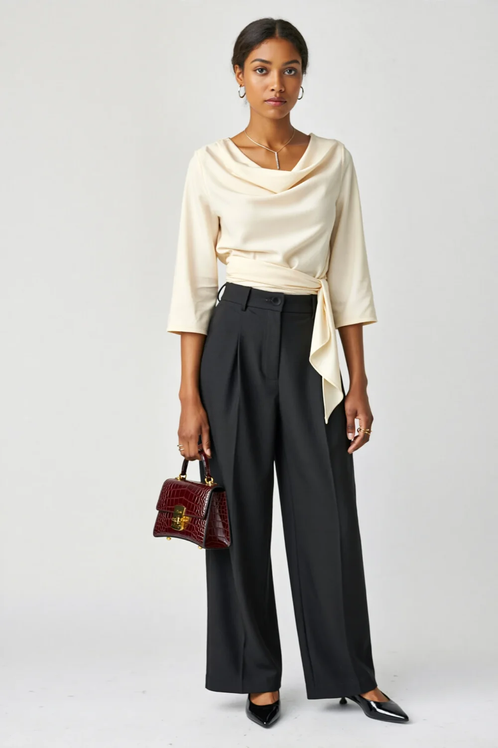 Woman in ivory draped top and charcoal wide-leg trousers, styled with an oxblood handbag for a sculptural neutral fashion look