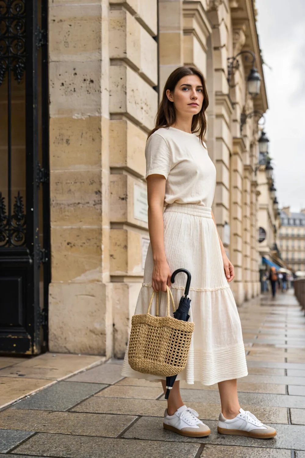 Woman in ecru boxy tee and cotton poplin midi skirt, wearing sneakers and holding a woven tote with umbrella on a wet city street