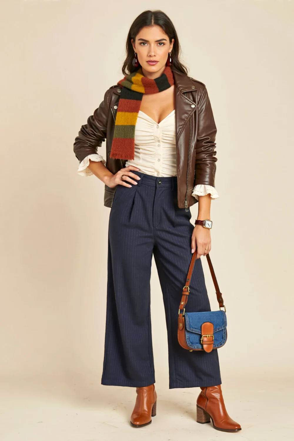 Weathered aviator jacket with ruffled ivory blouse, pinstripe trousers, striped scarf, cognac boots and blue crossbody bag for city style