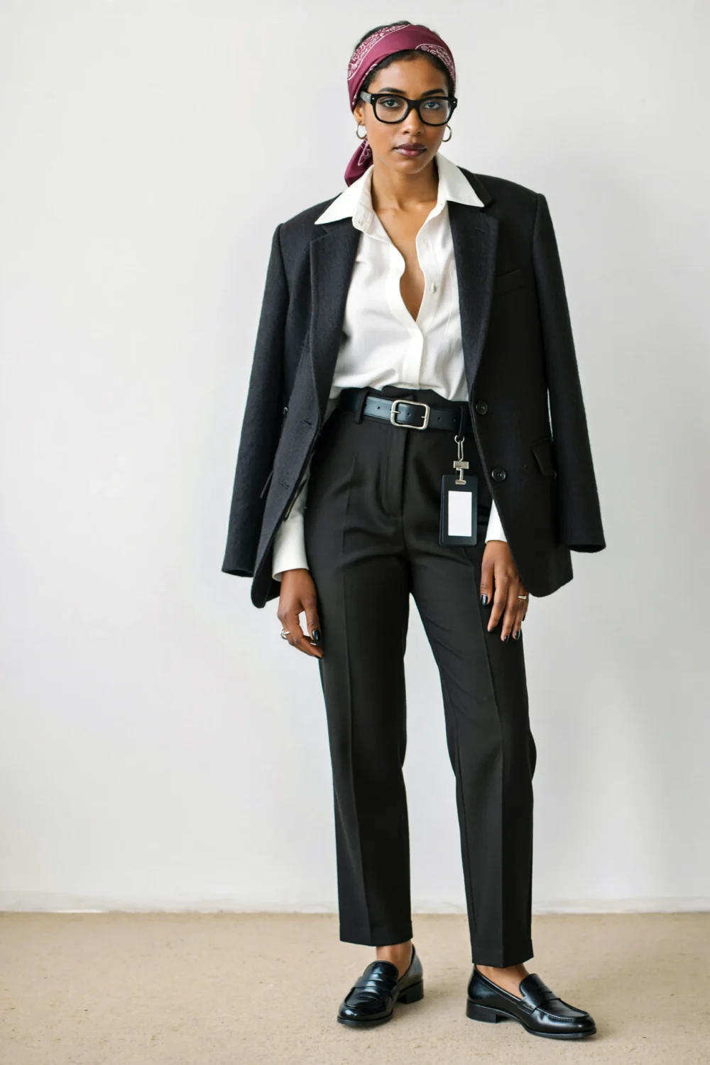 Editorial business-casual outfit with oversized black blazer, white shirt, plum bandana, tailored trousers, belt, and loafers.