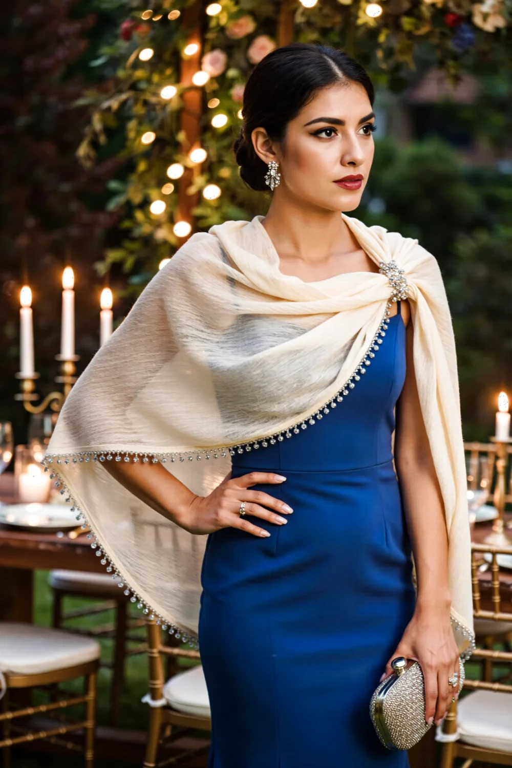 Wedding guest in a blue dress wearing a bead-trimmed cream shawl pinned with a brooch, clutch and earrings at outdoor wedding