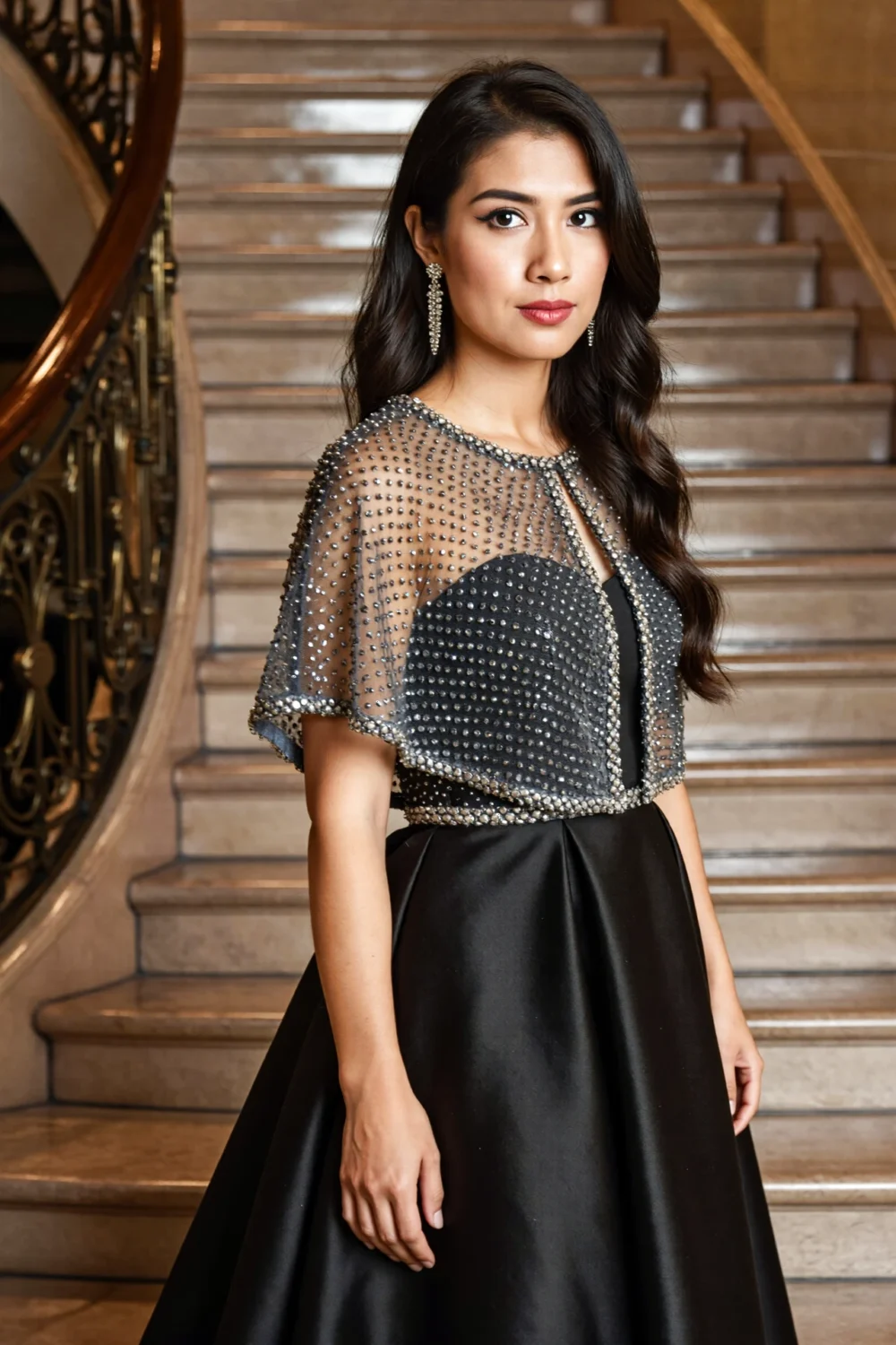 Woman in a jeweled beaded bolero capelet over a black satin ball gown, framing shoulders and décolletage with evening glamour.