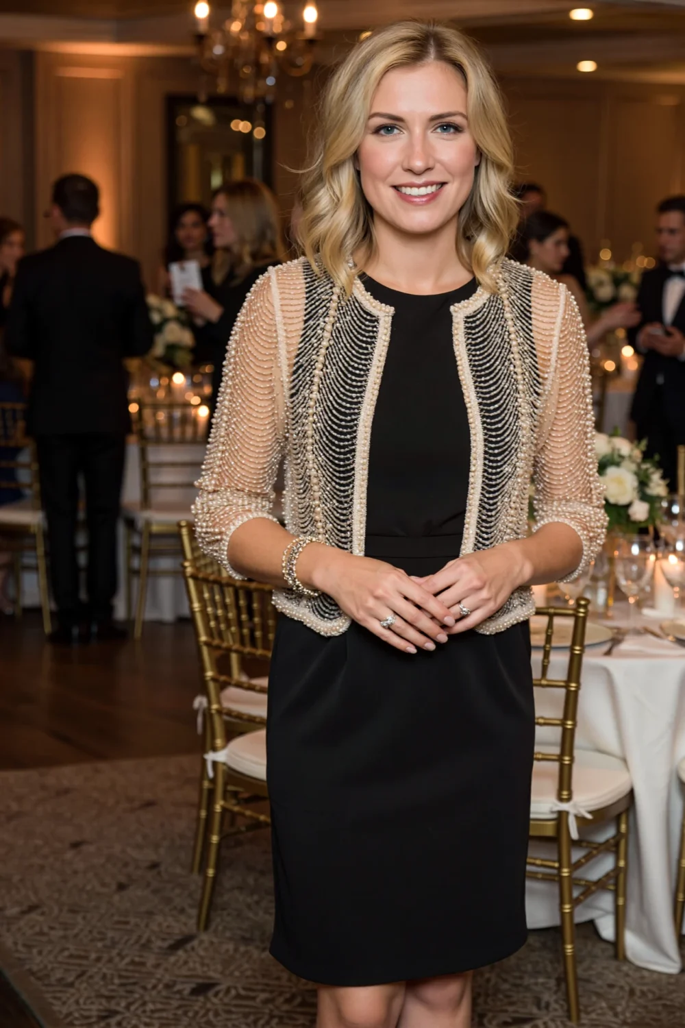 Smiling woman in a finely beaded cardigan over a black crepe dress, sequined shrug effect adding shimmer and sparkle at an event