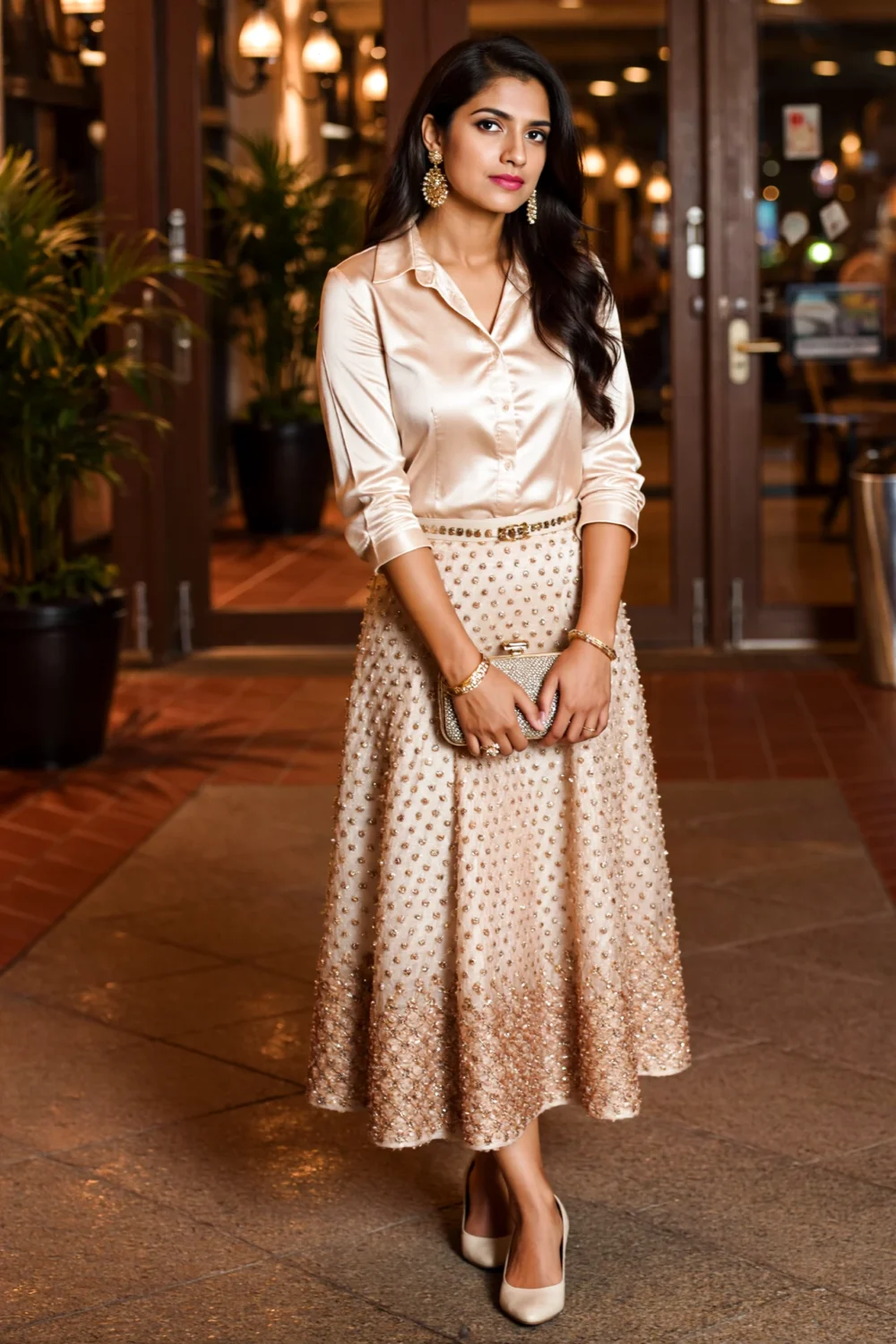 Woman in tucked silk blouse and beaded midi skirt with fine belt, clutch and heels, elegant wedding-guest look at venue entrance