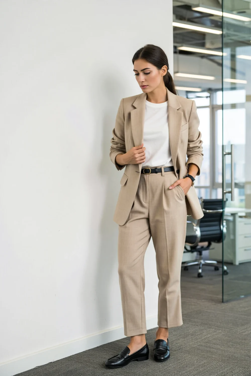 Woman in beige blazer and trousers with black loafers, belted waist and slim watch, minimalist modern tailoring in office setting.