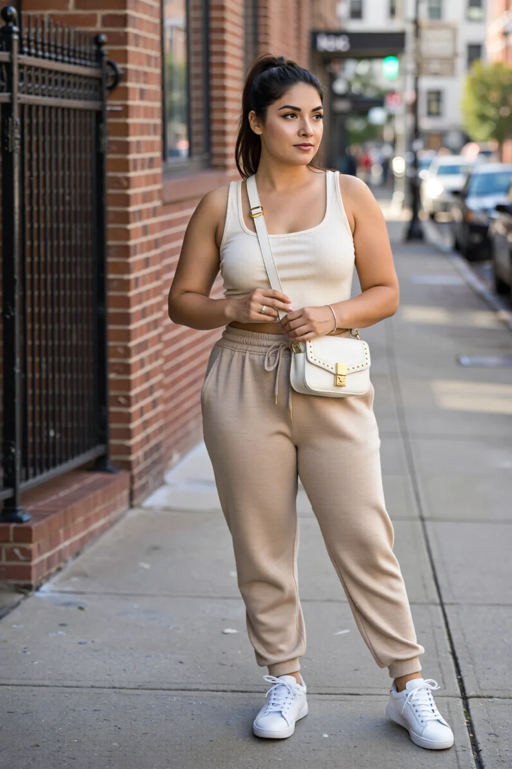 Woman in beige joggers and white sneakers walks a city sidewalk wearing a cream crossbody with subtle gold hardware, streamlined.