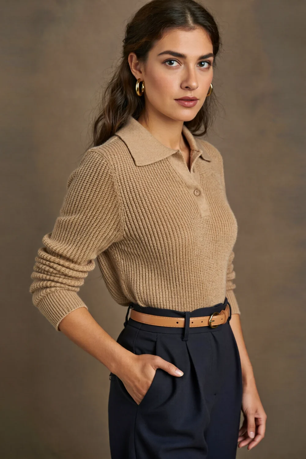 Warm beige knit polo tucked into navy trousers, styled with a camel belt and gold hoop earrings, textured knit, understated luxe.