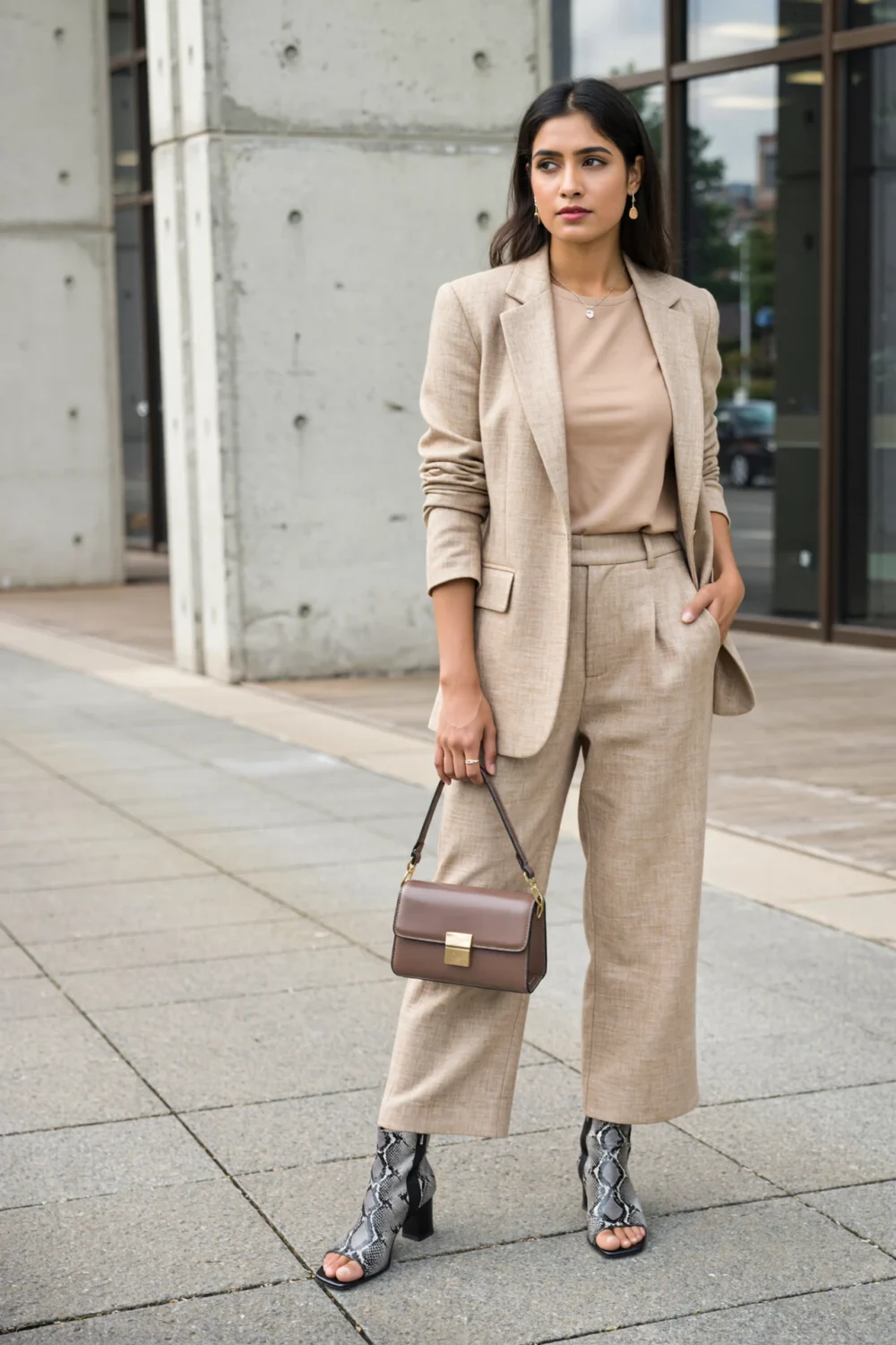 Woman in beige tailored suit holding brown bag, wearing taupe-grey snakeskin square-toe slim-strap sandals for editorial polish