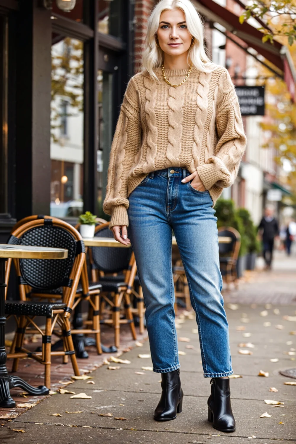 Woman in a beige cable-knit sweater and mid-blue straight-leg jeans with black ankle boots, styled for effortless autumn streetwear