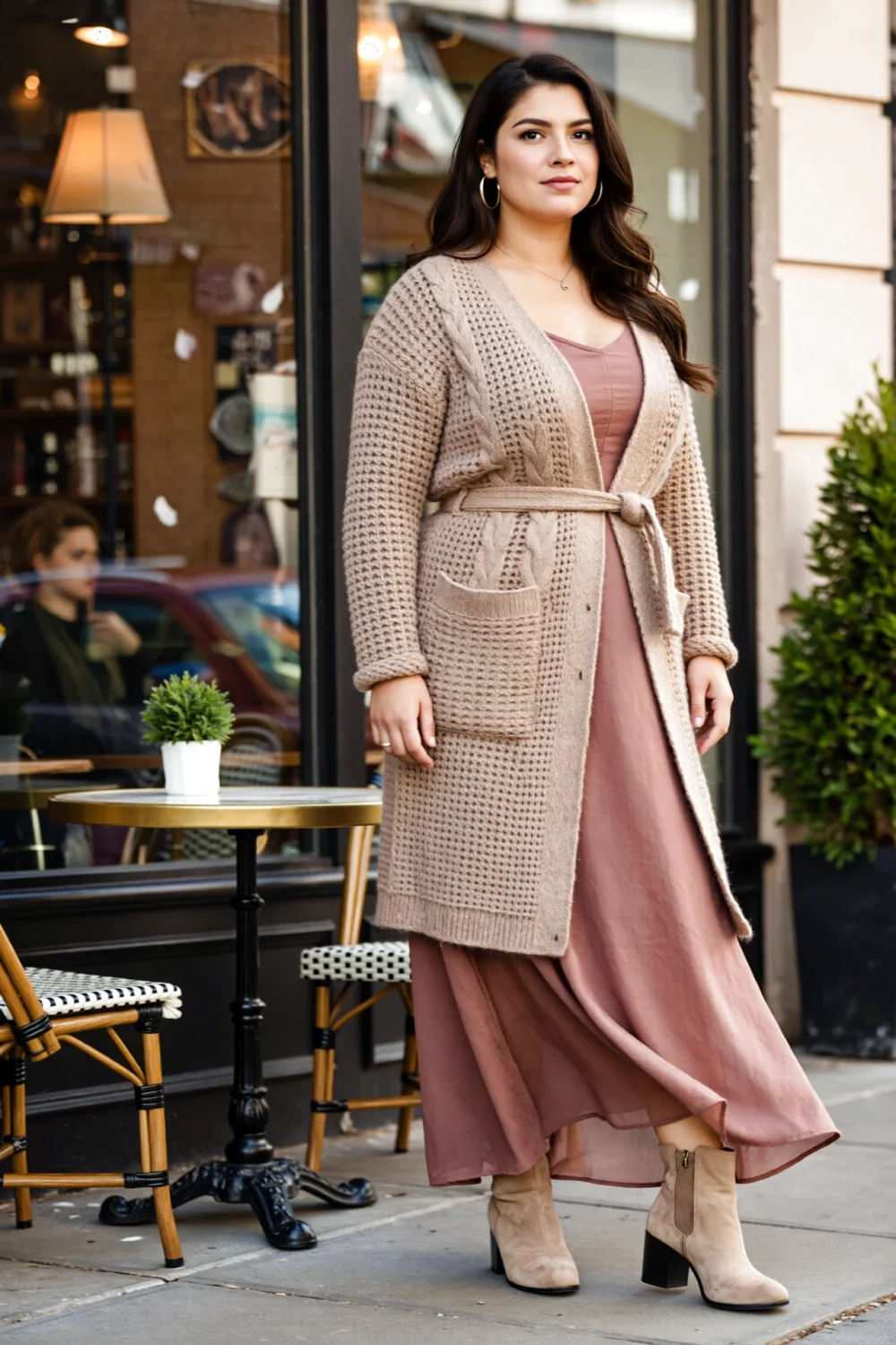 Woman in belted beige knit coatigan over dusty-rose flowing maxi dress, belt cinches waist for a cozy yet polished street look