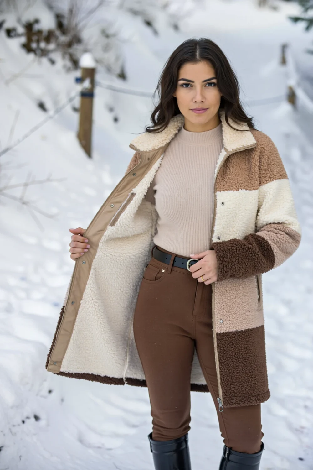Woman in color-block hip-length belted fleece over fitted top and high-waisted pants, waterproof boots lengthen line in snow style