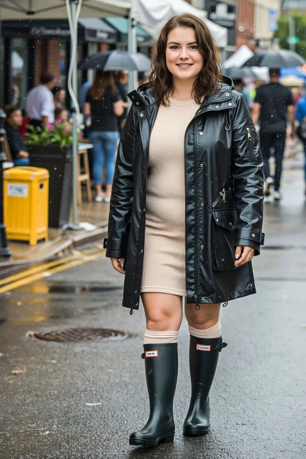 Woman in a belted black rain jacket, ribbed bodycon dress and tall wellies walking through a rainy festival street, chic and practical