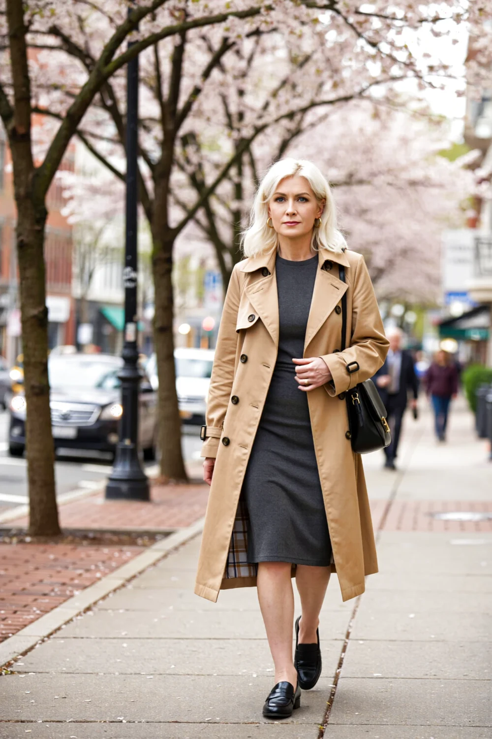 Woman walking among spring blossoms in a beige belted trench over a grey midi sheath dress, creating a sleek, composed silhouette