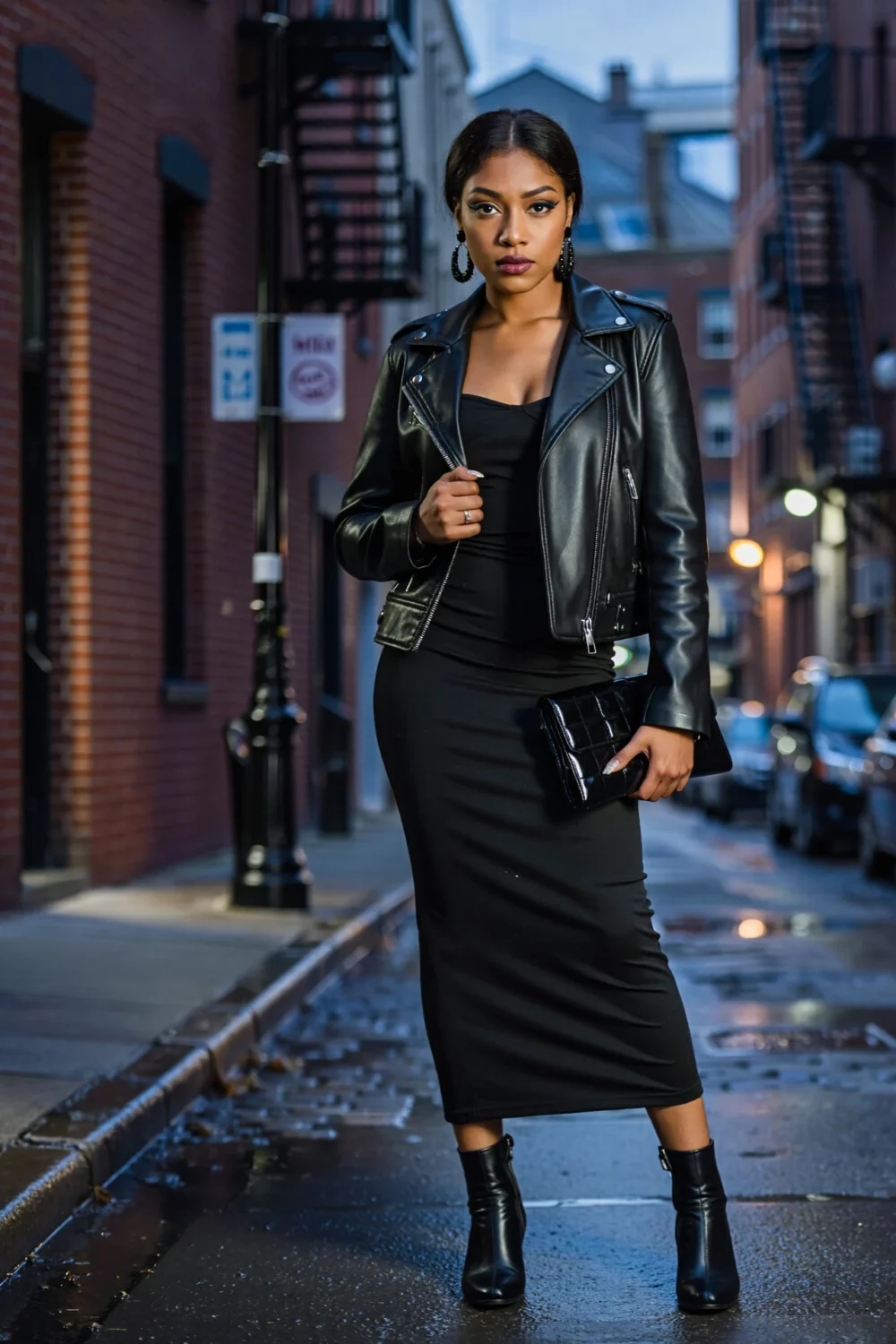 Model in black column skirt with sculpted bodysuit, leather moto jacket, sock boots and glossy clutch, bold earrings for night out