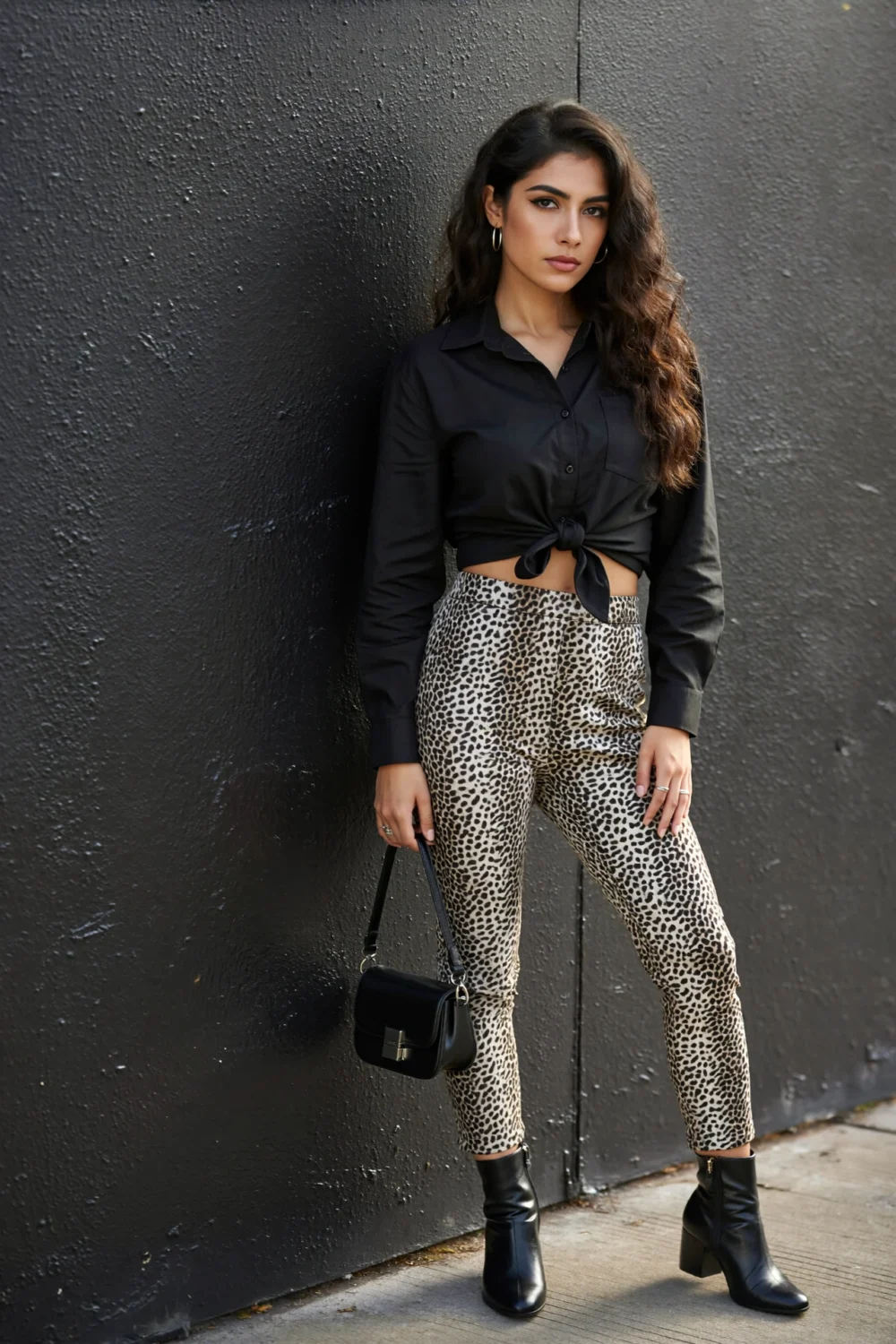 Model in a black cropped shirt tied at waist with leopard cigarette pants, ankle boots and a small black bag against a dark wall