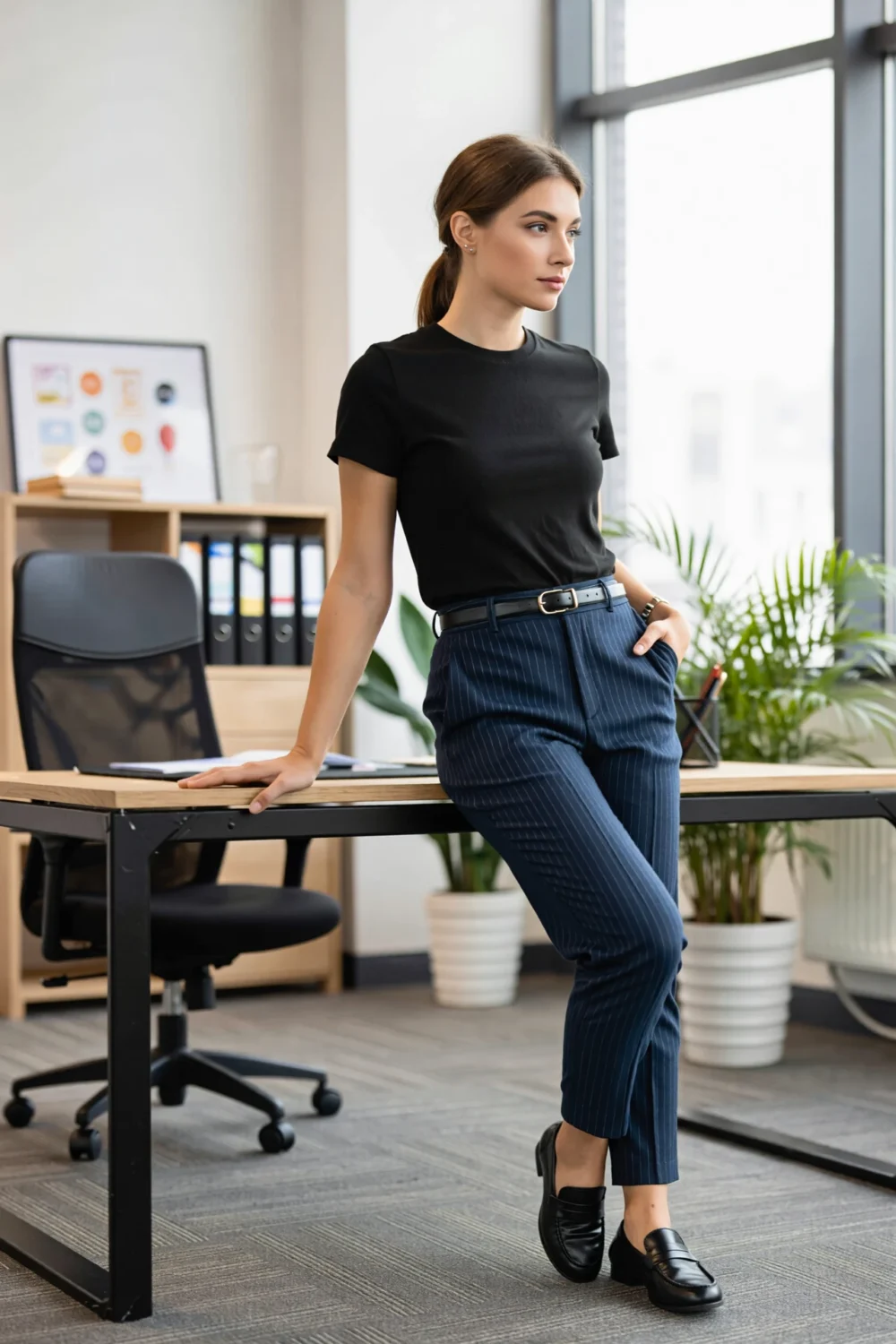 Woman in a fitted black tee and pinstripe navy trousers with belt and loafers, leaning on a desk in an office, smart-casual look