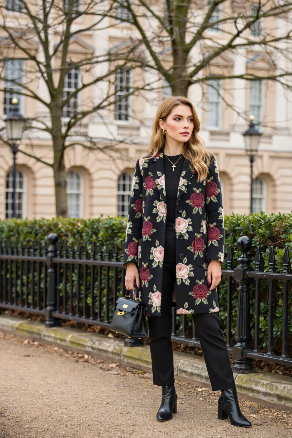Woman in a black floral tapestry coat with roses, black trousers and boots, carrying a structured bag on a cool-weather city street.
