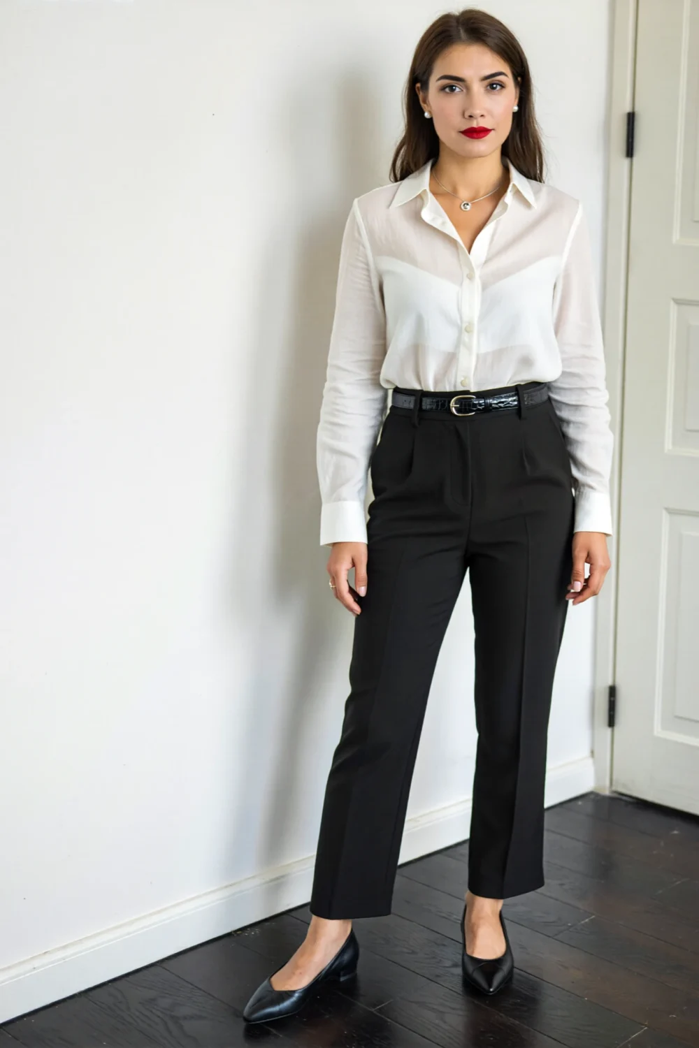 Woman in a crisp white button-down, black cigarette trousers, belt, and black flats for a polished power-dressing look.