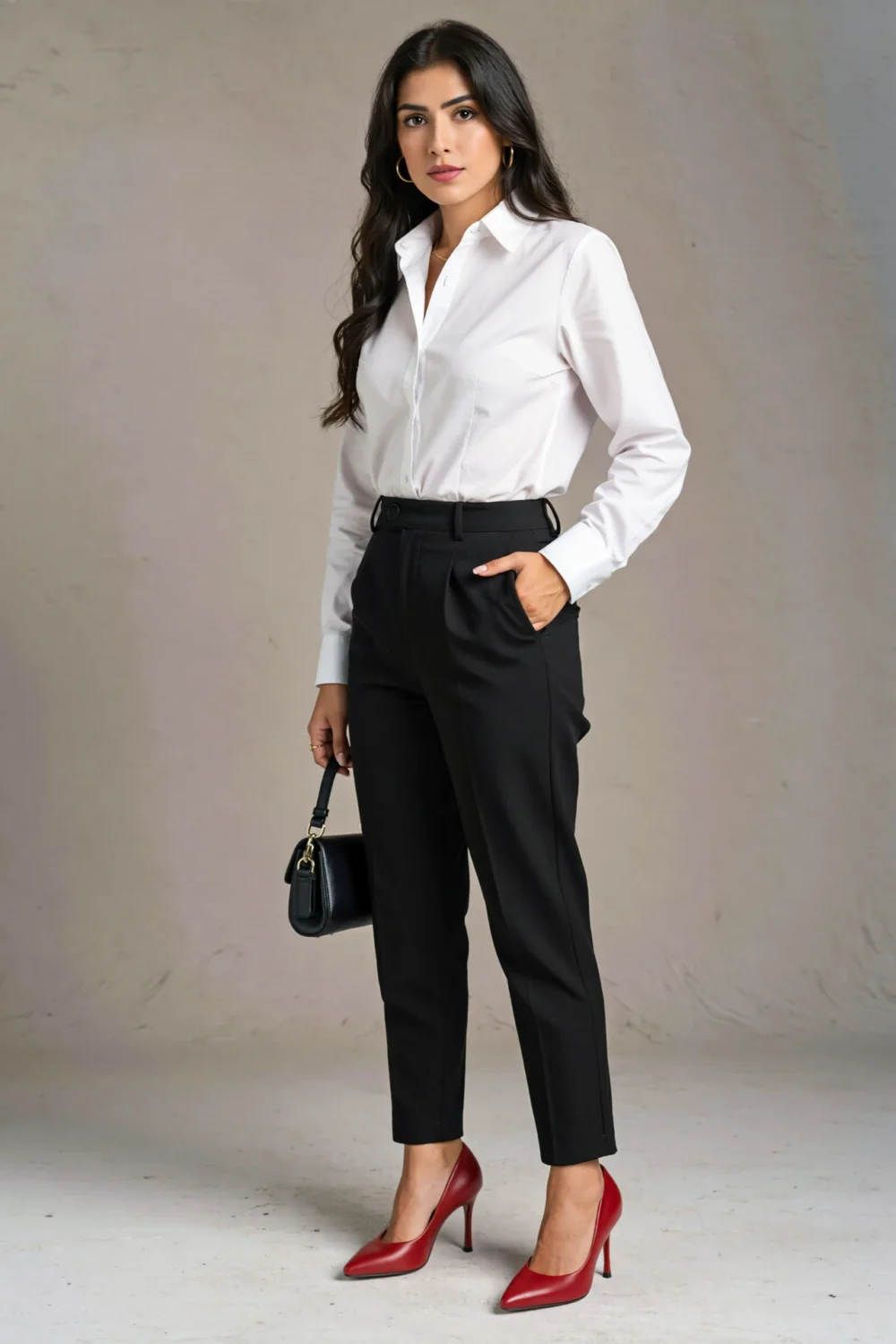 Woman in white shirt and black trousers styled with red heels, showing a classic black pants outfit with statement shoes and minimal accessories