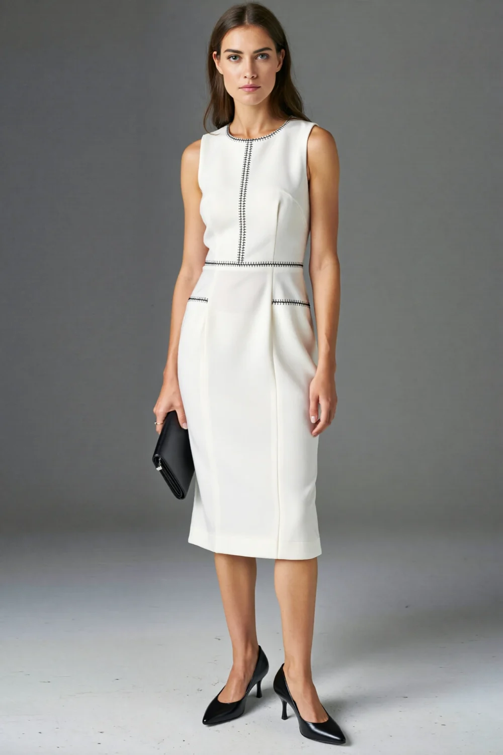 Model in a crisp white sheath dress with black trim, styled with black pointed-toe pumps and a sleek black clutch, editorial look