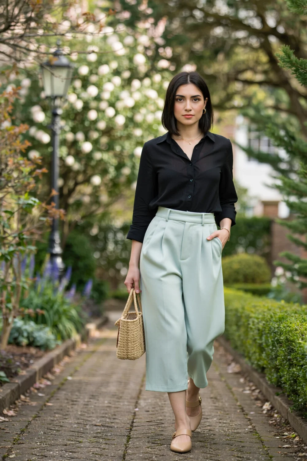 Woman in a black poplin button-down tucked into mint culottes for spring, with a raffia bag, neutral shoes and minimal jewelry