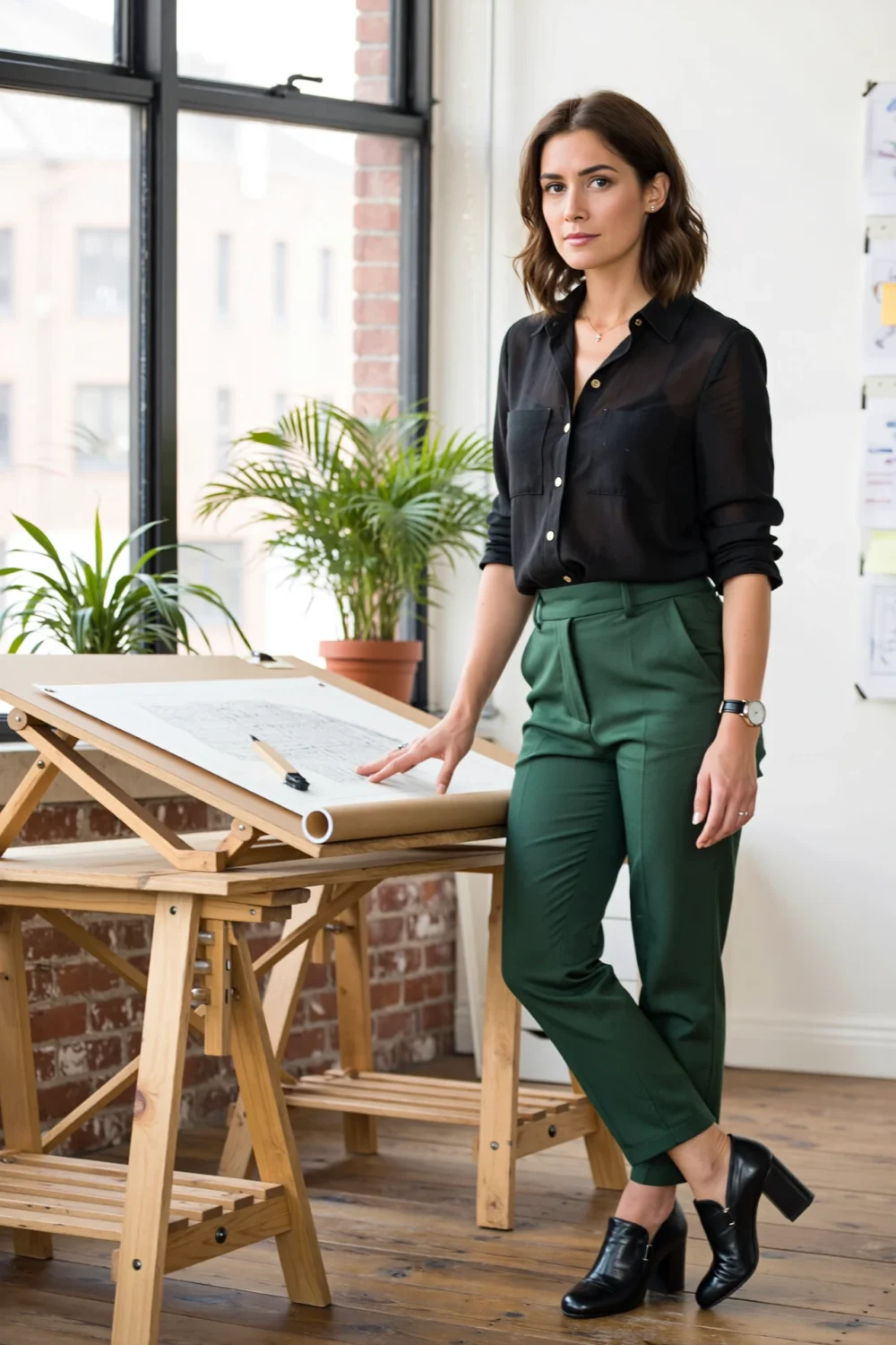 Woman in a tailored black shirt and forest green trousers with block-heel loafers at a drafting table in a creative-office polish
