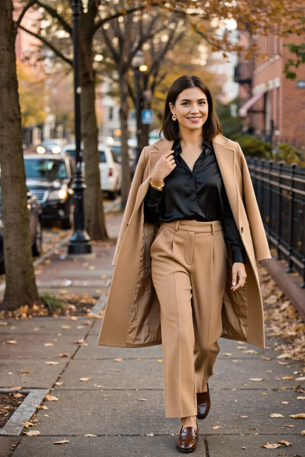 Woman walking on sidewalk wearing black silk shirt, camel wool trousers and coat, brown loafers and warm gold accessories, smiling