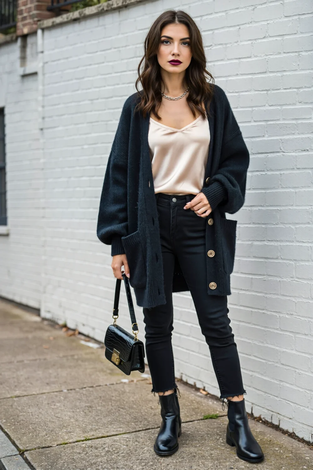 Woman in satin cami, black straight-leg jeans and oversized cardigan, styled with ankle boots for a cozy-cool house-party look