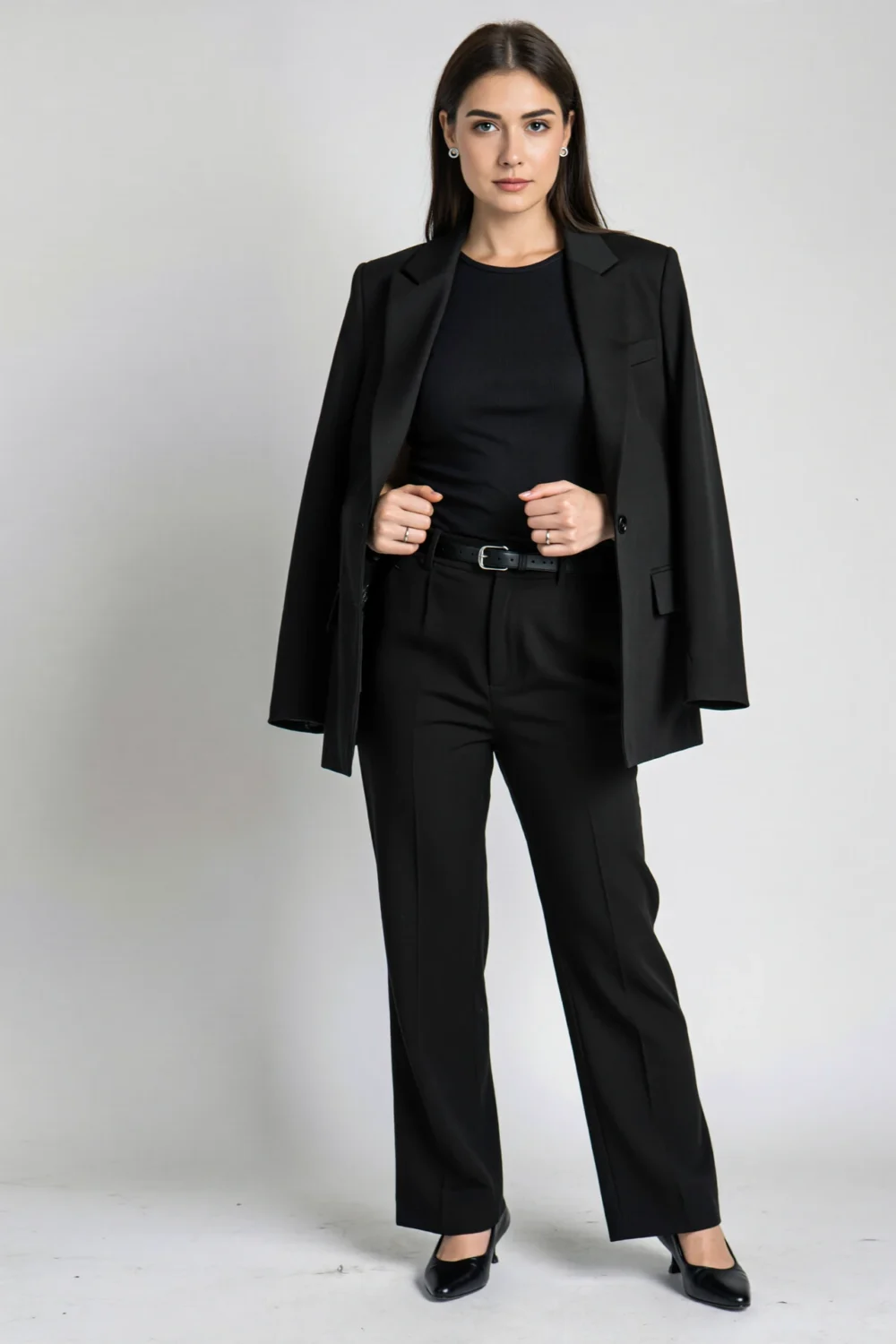 Woman in a monochrome column: fitted black tee, black blazer draped, black pants and minimalist pumps for a confident, modern look