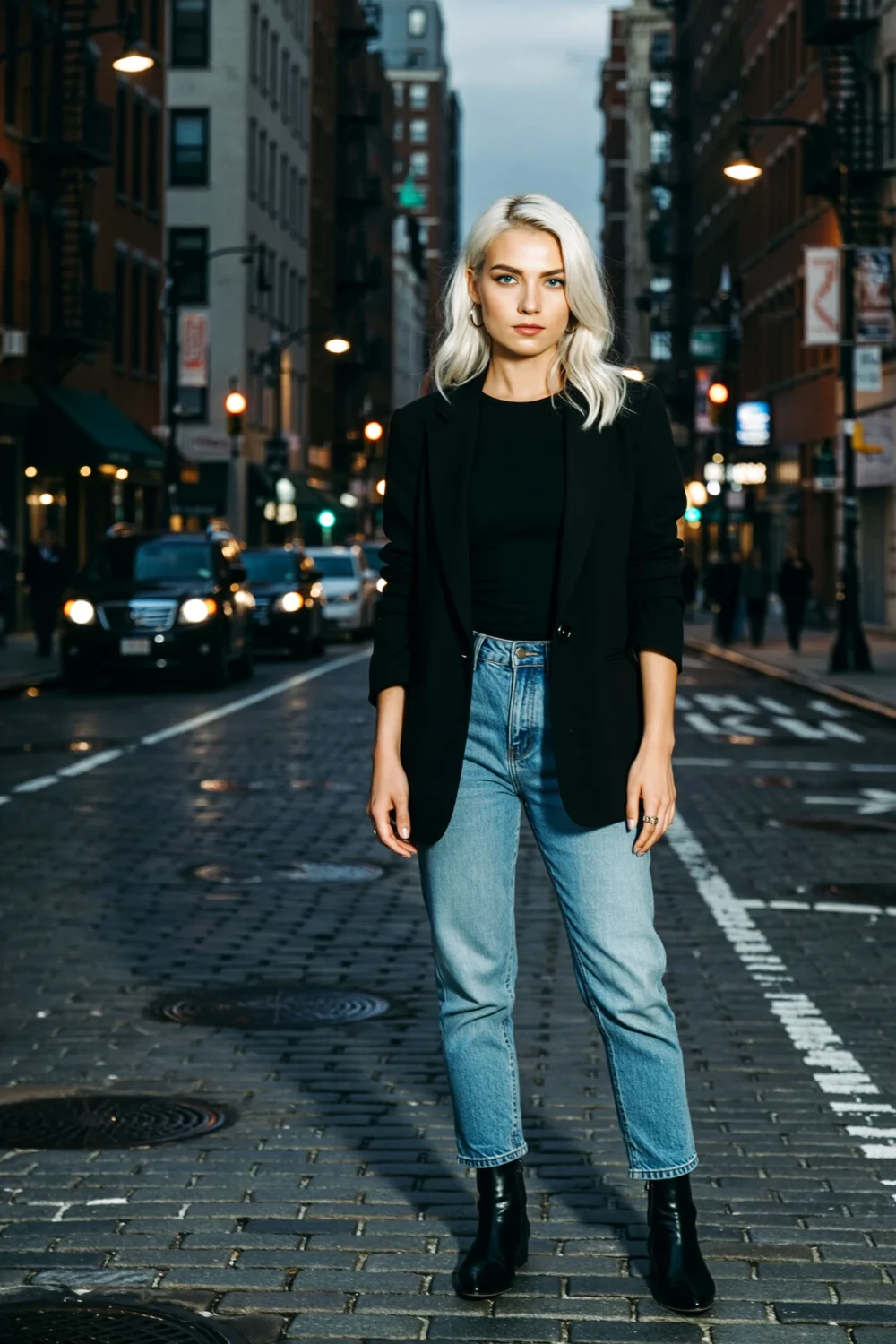 Woman in a black blazer and top with light blue jeans and black leather boots standing on a city street, tough denim city-ready