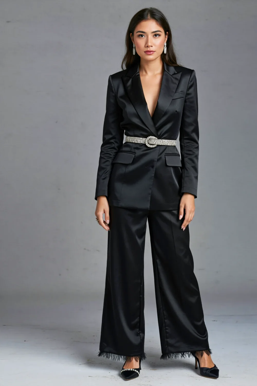 Black tuxedo jumpsuit with crystal belt, satin lapels and wide legs, styled for a polished wedding look with subtle evening sparkle