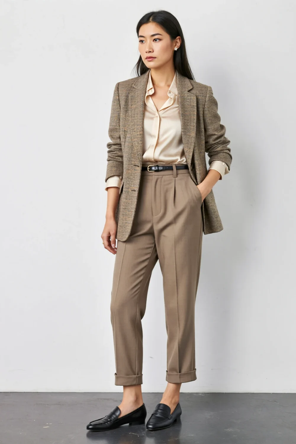 Woman in a cropped blazer, blouse, and tailored trousers with loafers, creating a polished, comfortable court-ready outfit