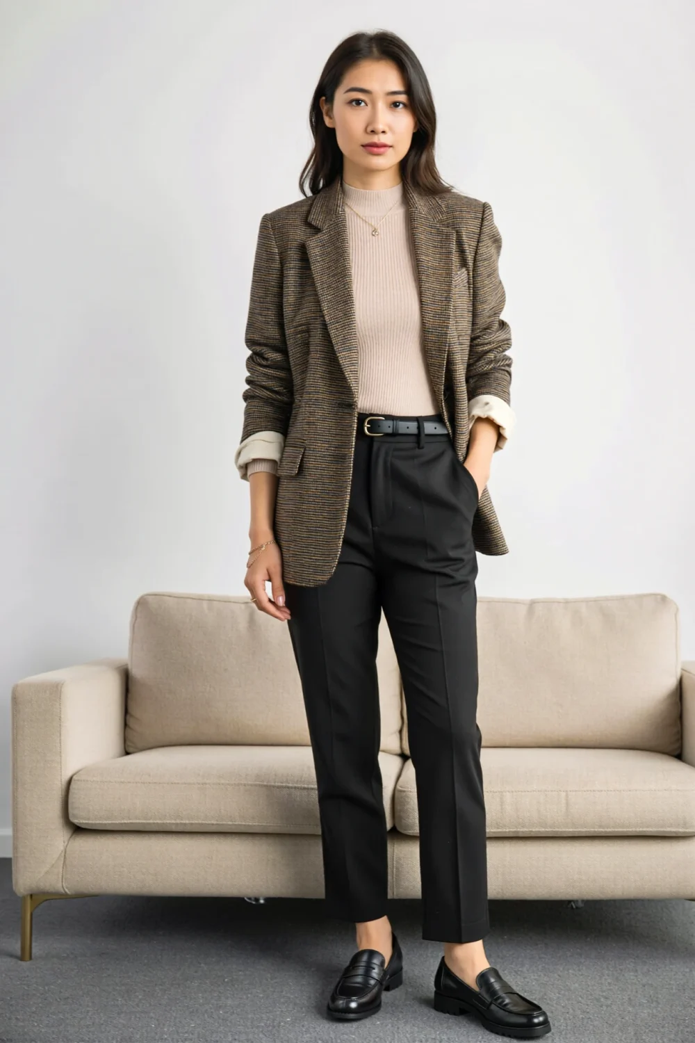 Winter business casual outfit with tweed blazer, fine-gauge knit top, tailored black trousers, and loafers for a polished work conference look