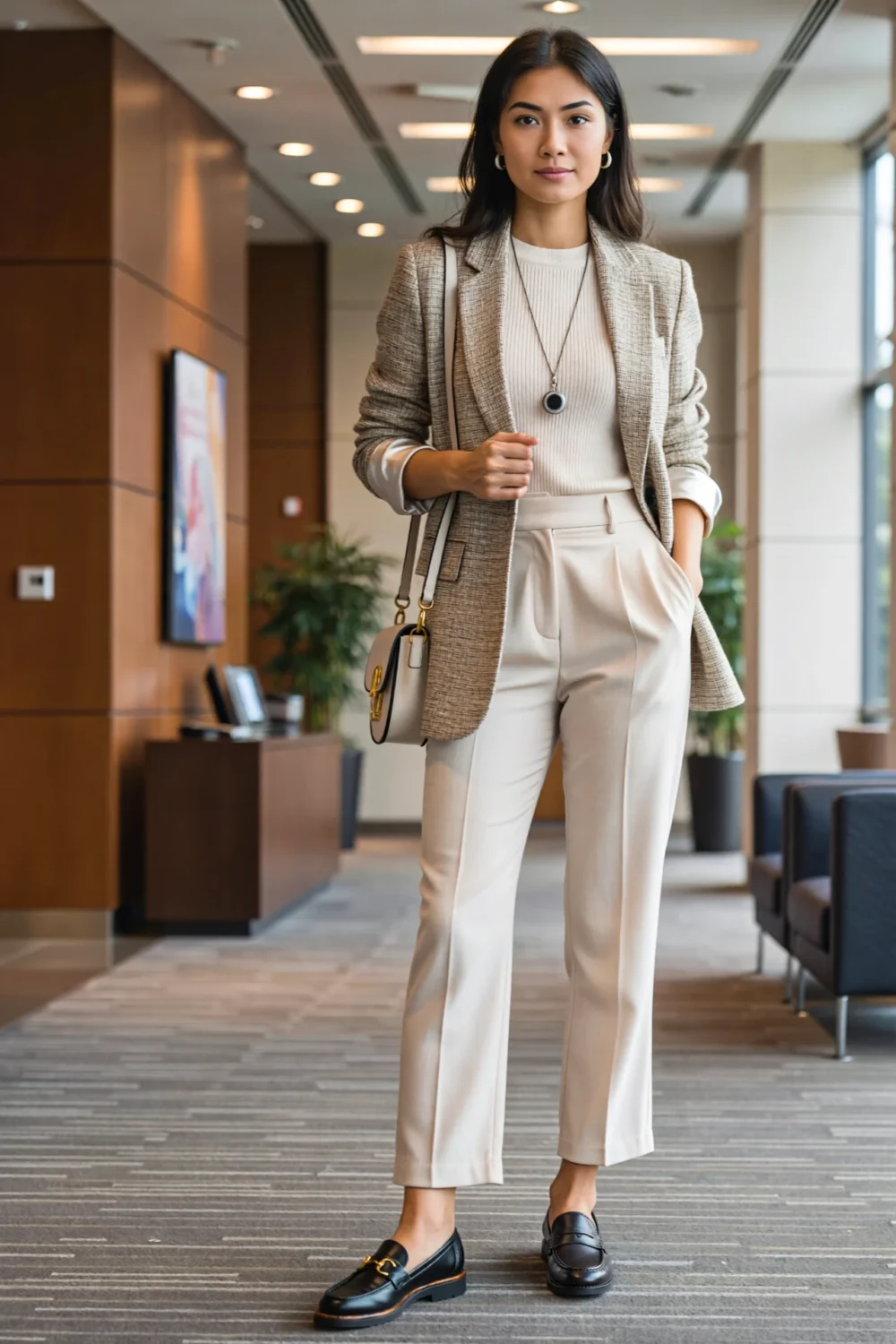 Woman in a blazer, merino crewneck, straight-leg trousers and loafers, polished networking outfit in a modern office lobby.