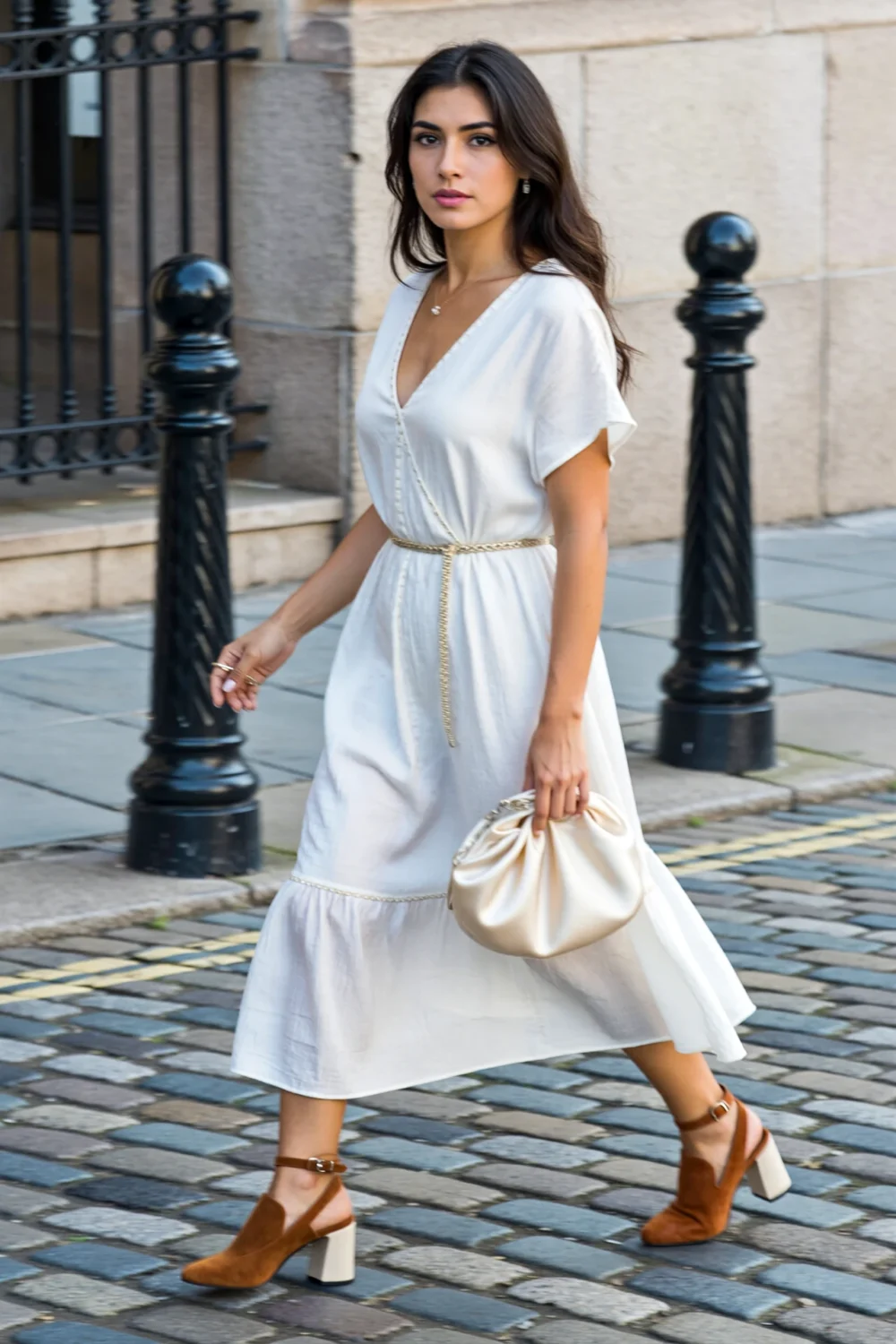 Woman in a flowy white midi dress with metallic belt, carrying a satin bag and wearing brown block heels on a cobblestone street