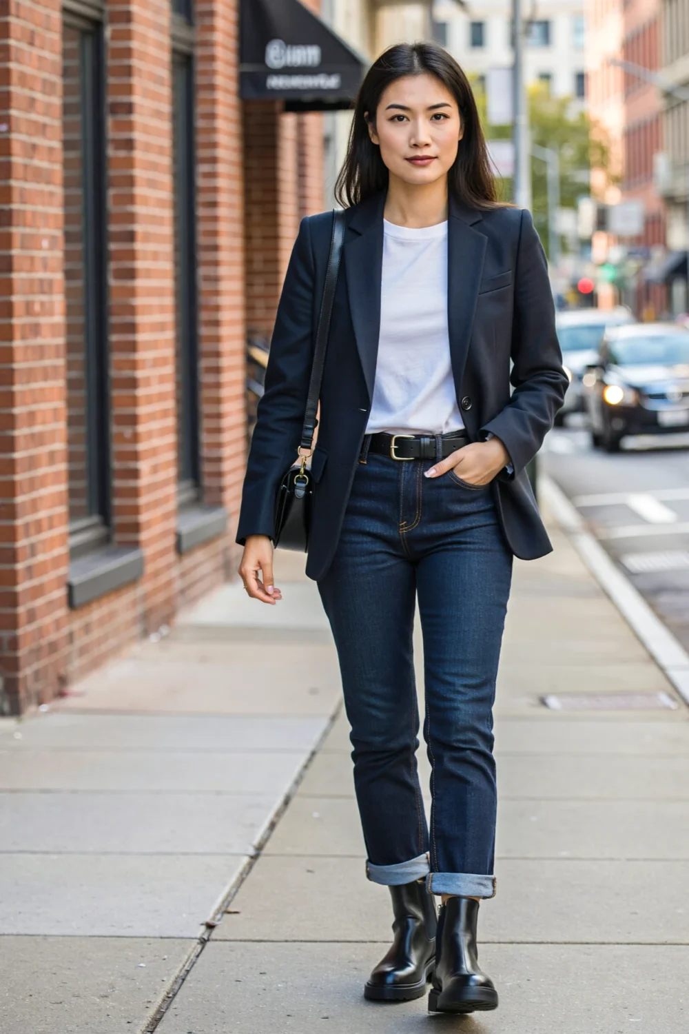 Woman in dark denim, sharp navy blazer, crisp white tee and ankle boots walking city sidewalk, polished conference outfit
