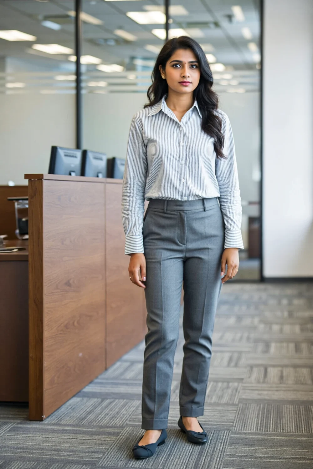 Professional woman in a blue-striped shirt and gray trousers, styled with navy flats for a calm, sharp office-ready look.