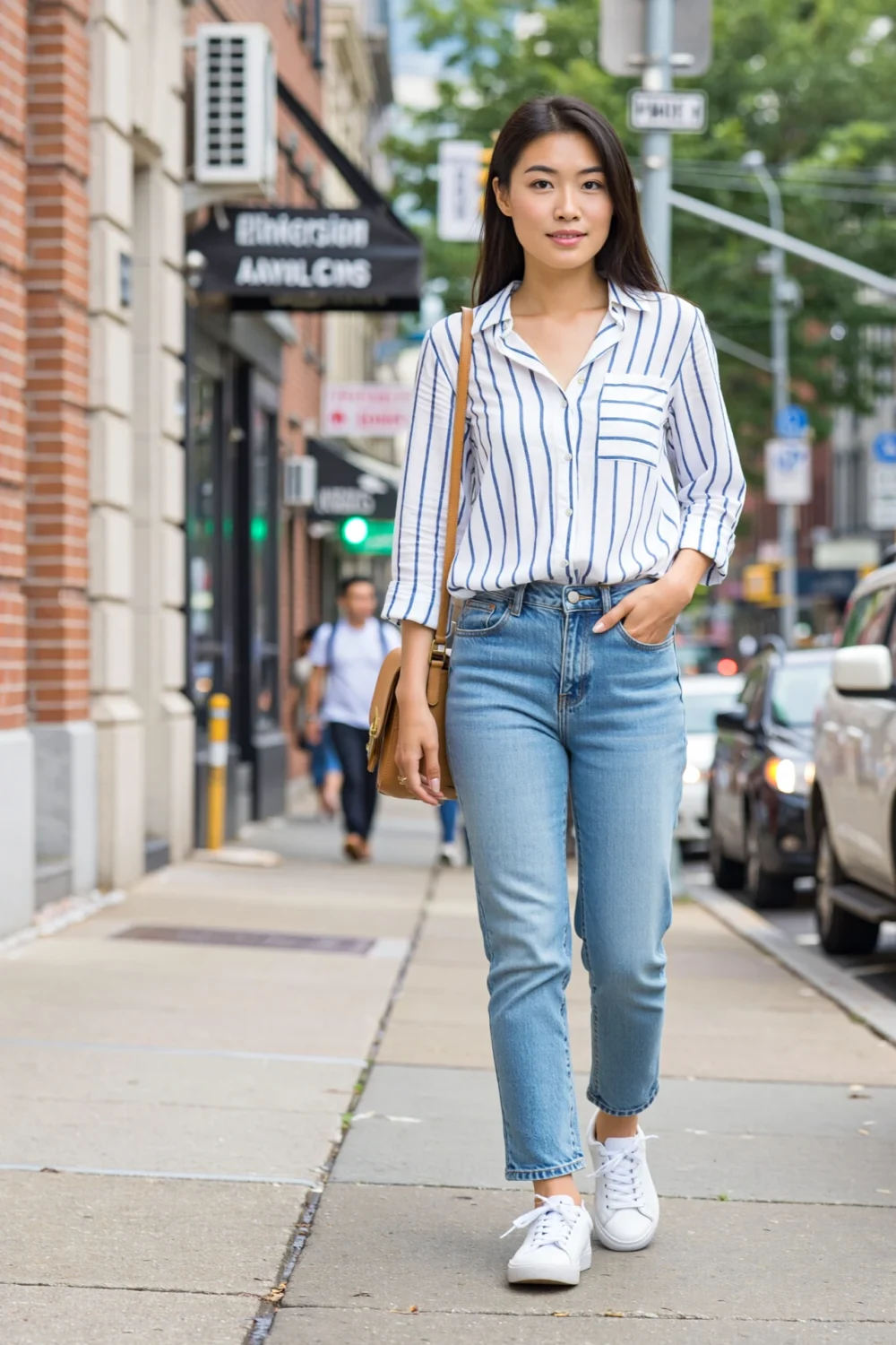 Woman in blue-striped shirt, mid-wash straight-leg jeans, white sneakers and tan crossbody, for a bright relaxed weekend look.